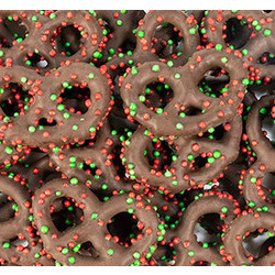 Milk Chocolate Pretzels with Red & Green Nonpareils 15lb