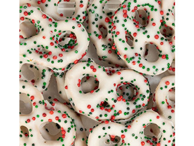 Yogurt Pretzels with Red & Green Nonpareils 15lb