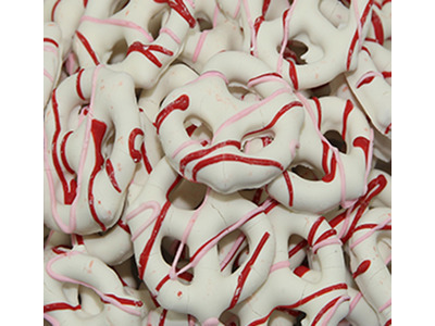 Yogurt Covered Pretzels with Red and Pink Drizzle 15lb