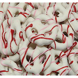 Yogurt Covered Pretzels with Red and Pink Drizzle 15lb