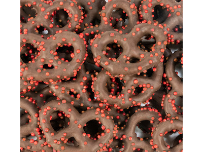 Chocolate Covered Pretzels with Red Nonpareils 15lb