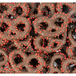 Chocolate Covered Pretzels with Red Nonpareils 15lb
