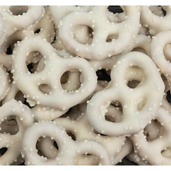 Coconut Yogurt Covered Pretzels with White Nonpareils 15lb